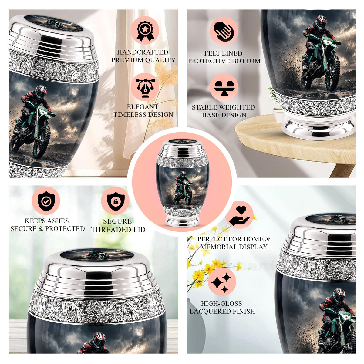 Personalized Motocross Rider Cremation Urn, Glossy Black Finish, Memorial Keepsake