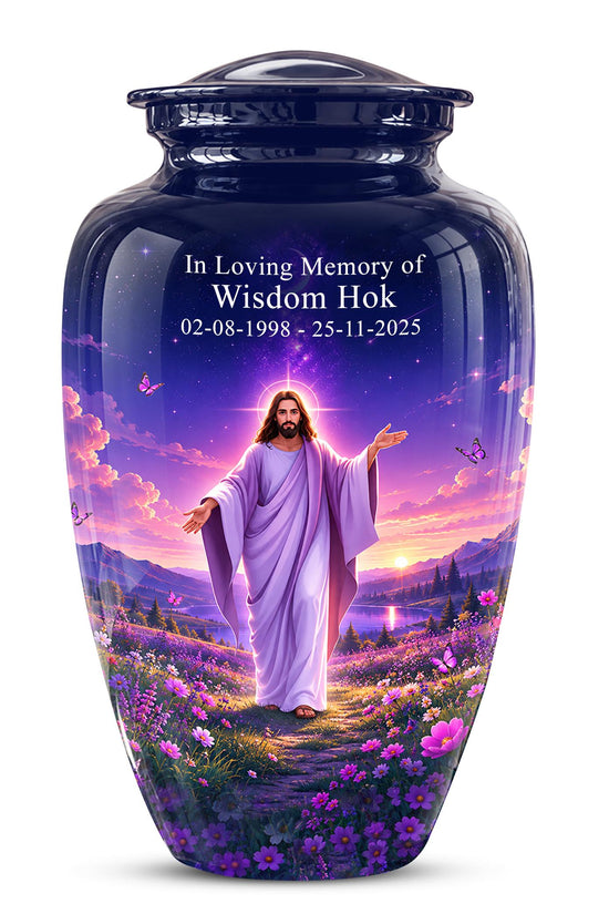 Personalized Jesus Cremation Urn for Ashes, Jesus Christ Purple Floral Memorial Urn, Christian Sunset Tribute, Heavenly Religious Urn (200 Cubic)