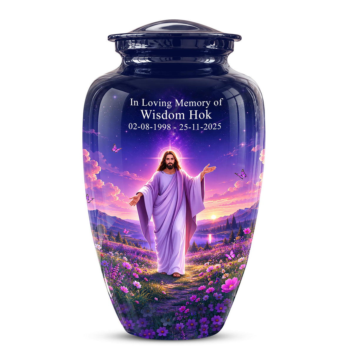 Personalized Jesus Cremation Urn for Ashes, Jesus Christ Purple Floral Memorial Urn, Christian Sunset Tribute, Heavenly Religious Urn (200 Cubic)