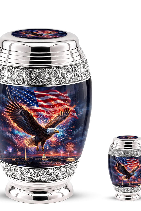 American Flag Eagle Cremation Urn for Ashes - Silver Patriotic Memorial Urn