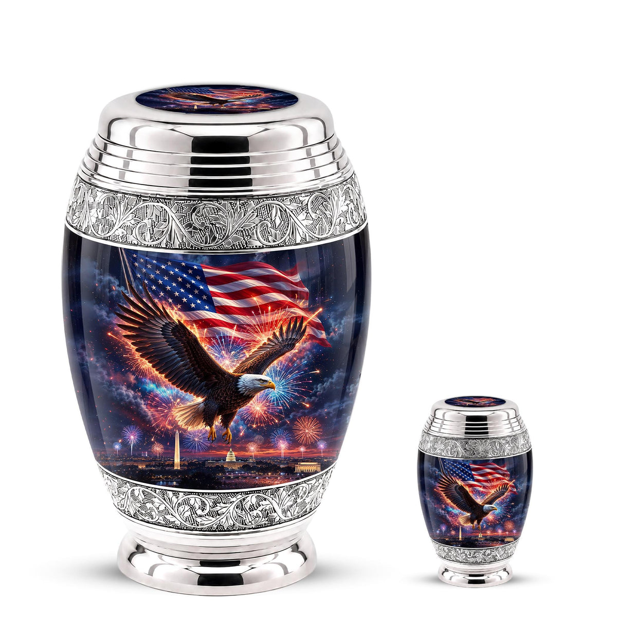 American Flag Eagle Cremation Urn for Ashes - Silver Patriotic Memorial Urn