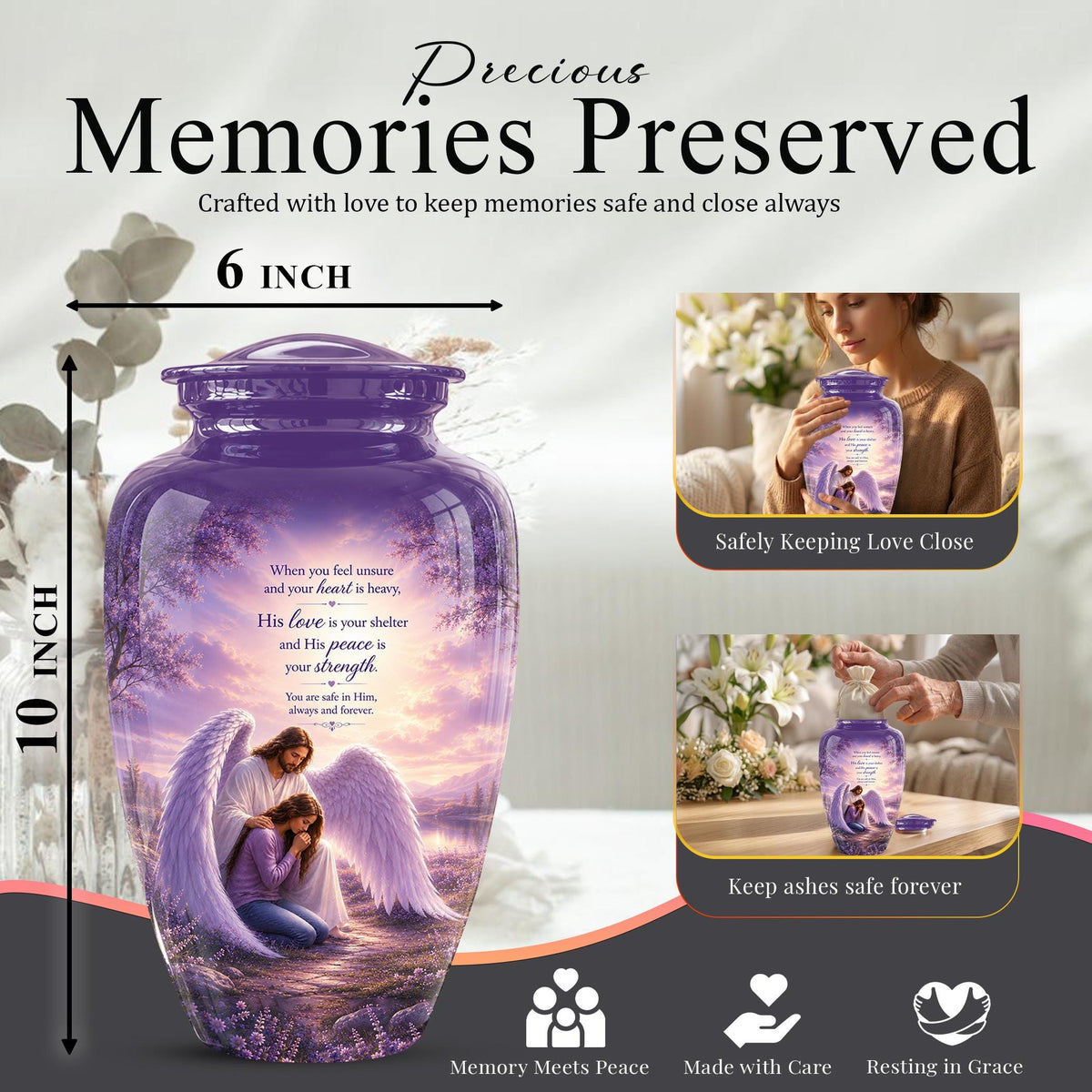 Personalized Angel Cremation Urn for Ashes - Mother and Daughter Memorial Urn, Purple Angel Wings