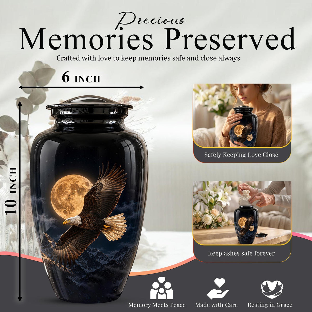 Bald Eagle Cremation Urn for Ashes - Golden Full Moon Mountain Memorial Urn