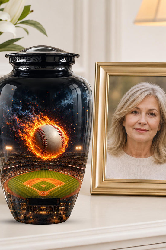 Baseball Cremation Urn for Ashes - Flaming Baseball Memorial Urn