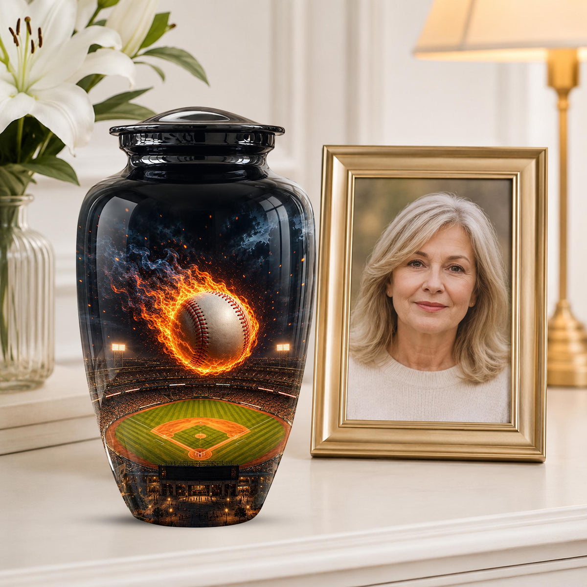 Baseball Cremation Urn for Ashes - Flaming Baseball Memorial Urn