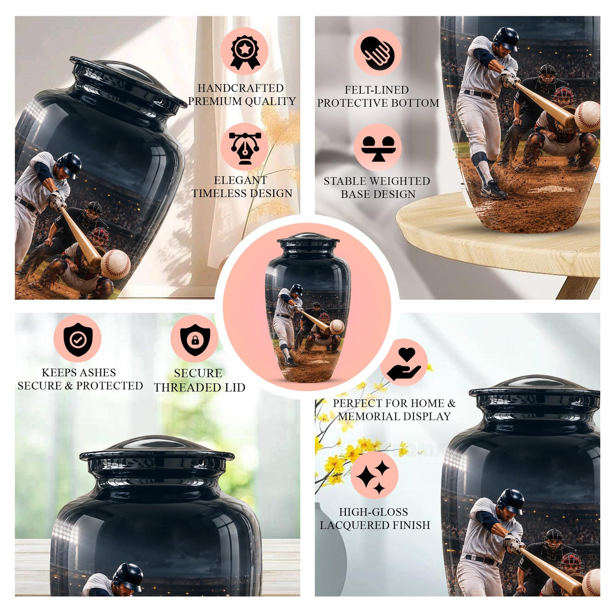 Baseball Cremation Urn for Ashes - Baseball Batter and Catcher Memorial Urn