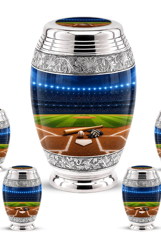 Baseball Cremation Urn for Ashes - Silver Baseball Glove and Bat Memorial Urn