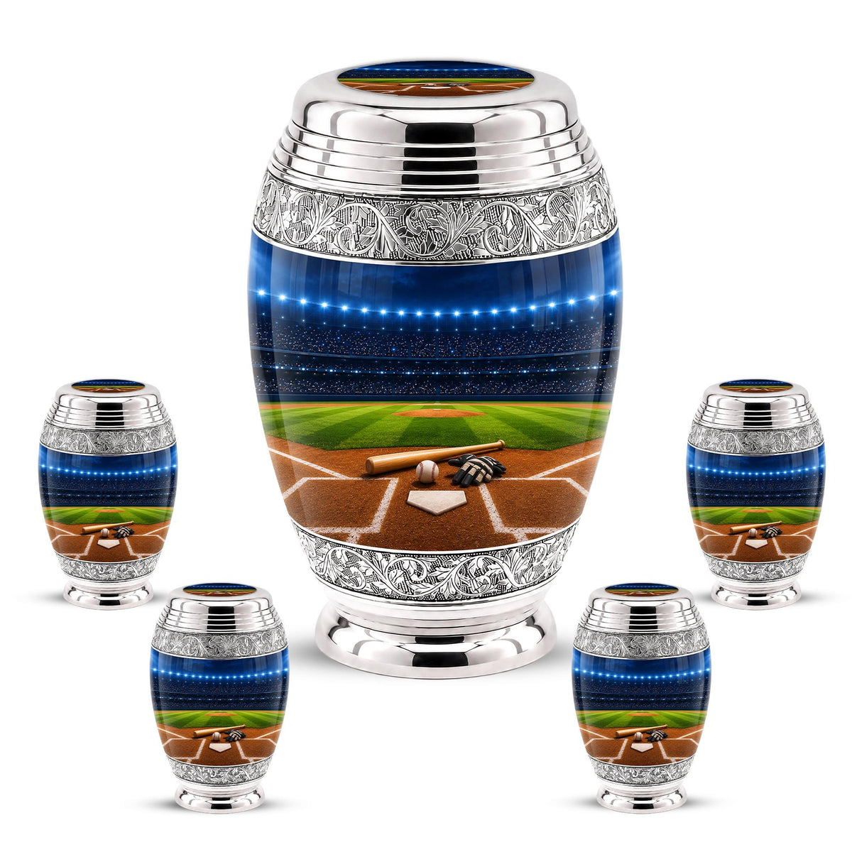 Baseball Cremation Urn for Ashes - Silver Baseball Glove and Bat Memorial Urn