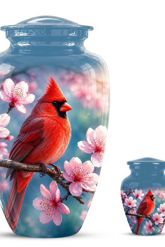 Personalized Cardinal Cherry Blossom Cremation Urn, Memorial Keepsake Urn
