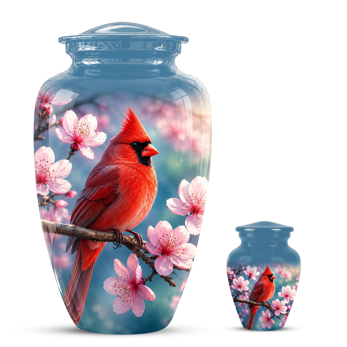 Personalized Cardinal Cherry Blossom Cremation Urn, Memorial Keepsake Urn