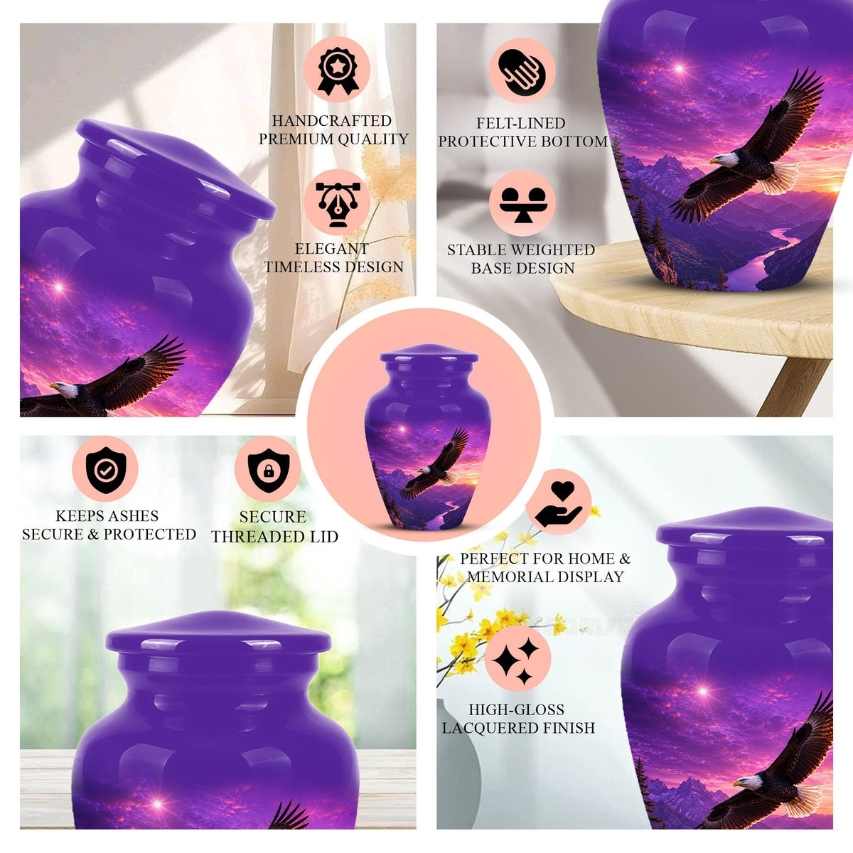 Bald Eagle Cremation Urn for Ashes - Purple Sunset Mountain Memorial Urn