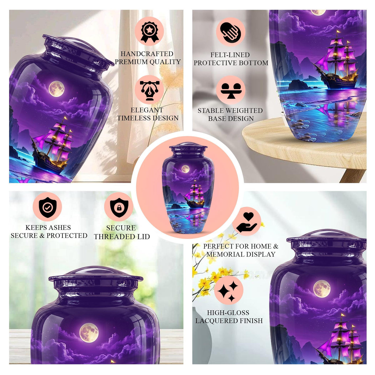 Personalized Pirate Ship Urn, Moonlit Ocean Cremation Memorial Keepsake