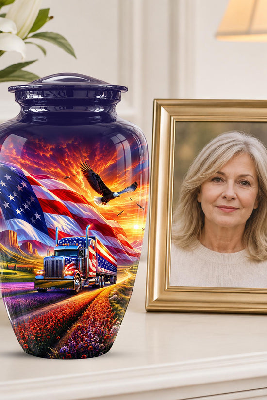American Flag Truck Cremation Urn for Ashes - Patriotic Eagle Memorial Urn