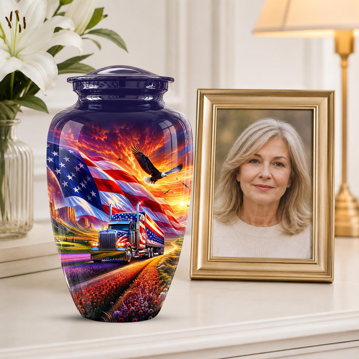American Flag Truck Cremation Urn for Ashes - Patriotic Eagle Memorial Urn