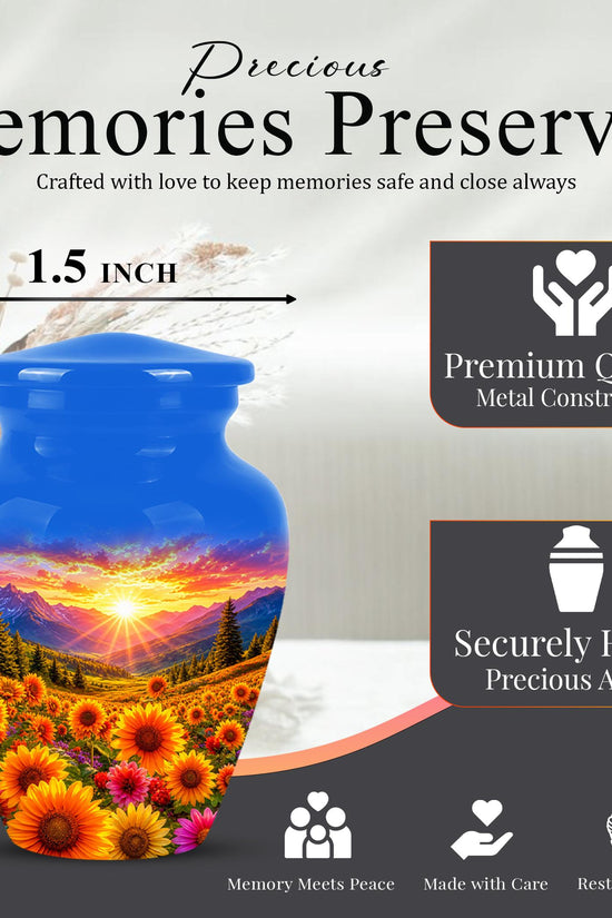 Personalized Sunflower Mountain Sunset Cremation Urn, Scenic Memorial Keepsake