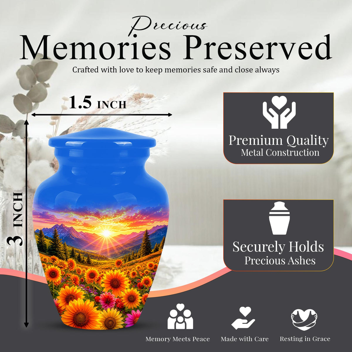 Personalized Sunflower Mountain Sunset Cremation Urn, Scenic Memorial Keepsake