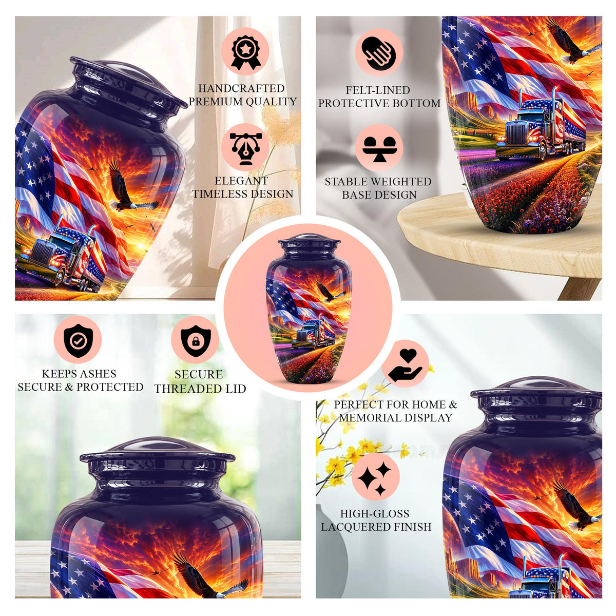 American Flag Truck Cremation Urn for Ashes - Patriotic Eagle Memorial Urn