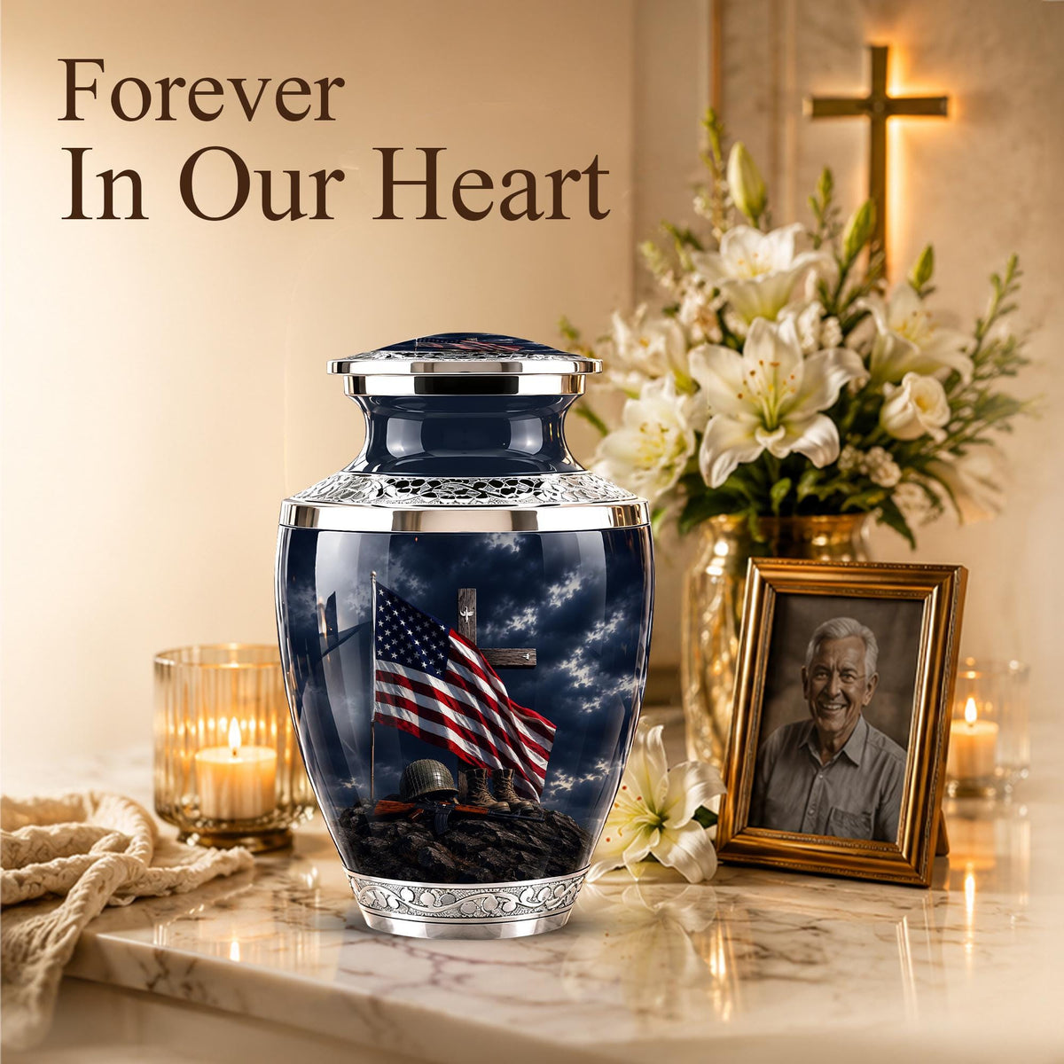 Military Cremation Urn, Patriotic Veteran Memorial Ashes, American Flag Tribute