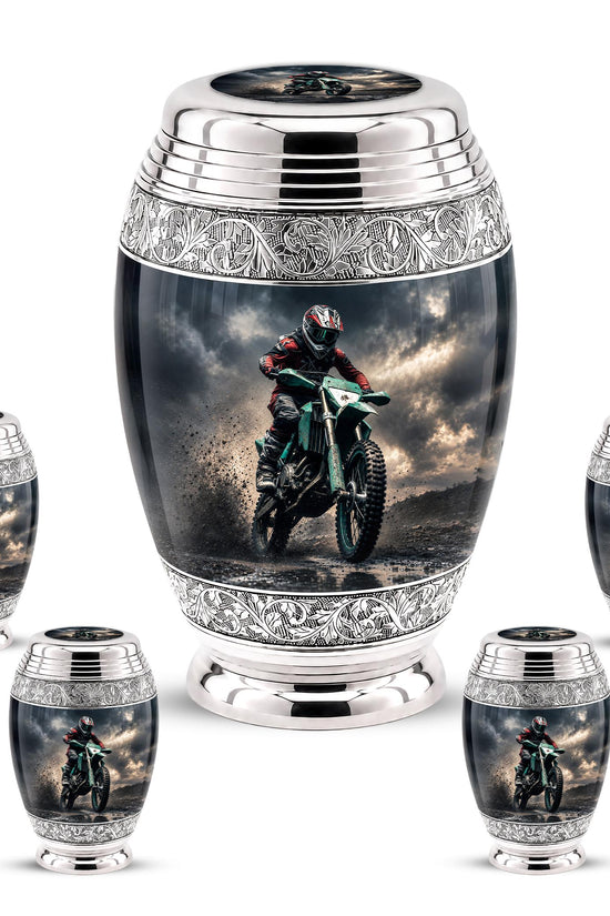 Personalized Motocross Rider Cremation Urn, Glossy Black Finish, Memorial Keepsake