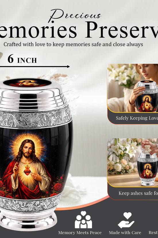 Personalized Sacred Heart of Jesus Cremation Urn - Catholic Memorial Keepsake (Black Finish)