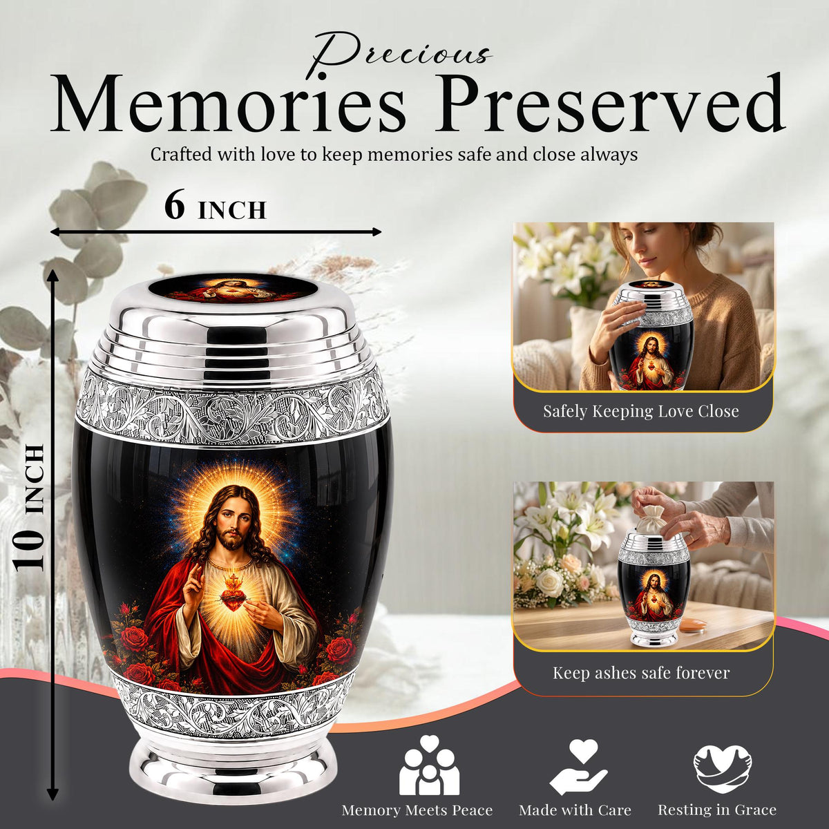 Personalized Sacred Heart of Jesus Cremation Urn - Catholic Memorial Keepsake (Black Finish)