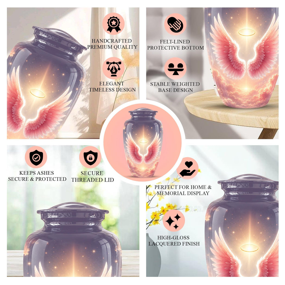 Pink Angel Wings Memorial Urn - Personalized Heavenly Cremation Urn