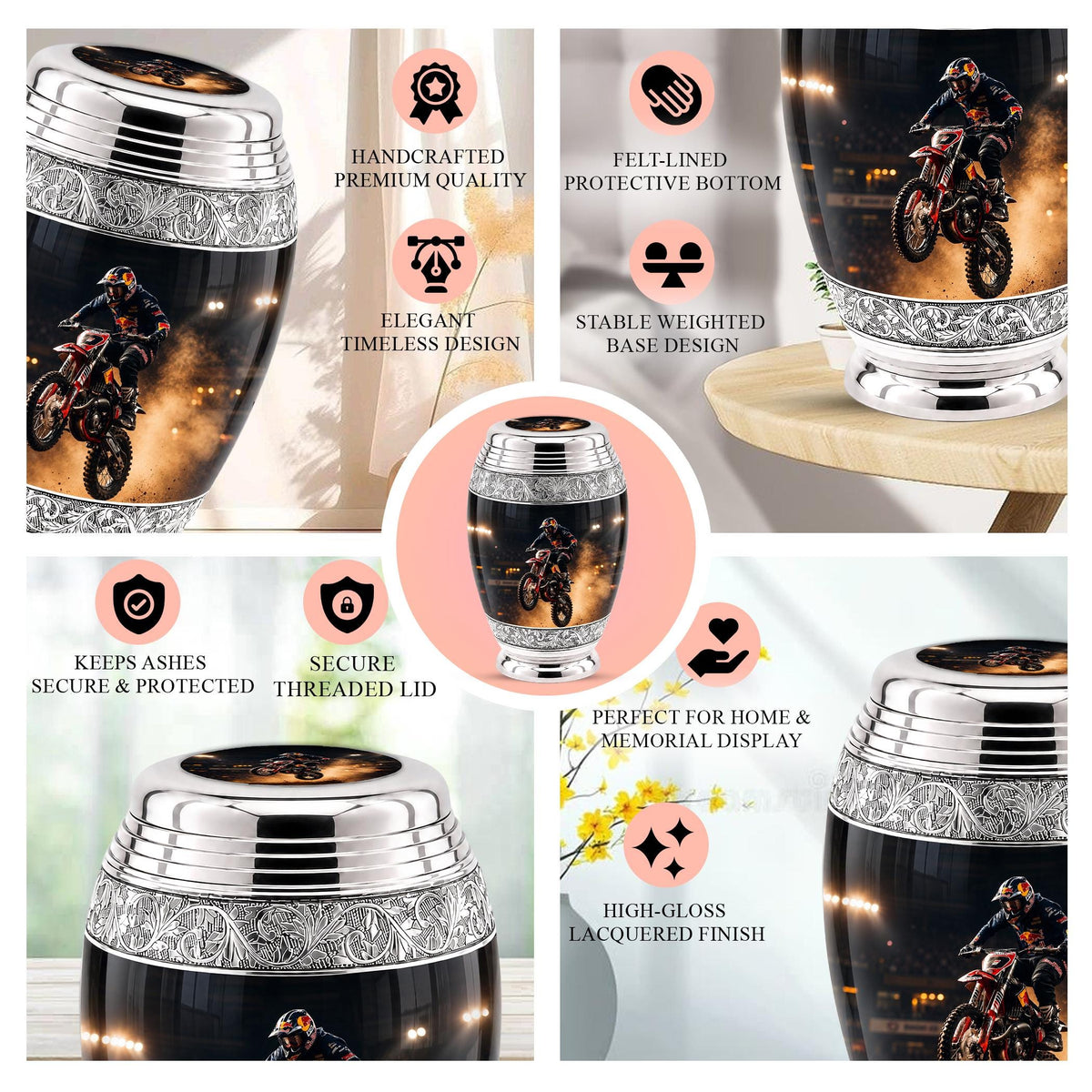 Personalized Motocross Rider Cremation Urn, Glossy Black Finish, Memorial Keepsake