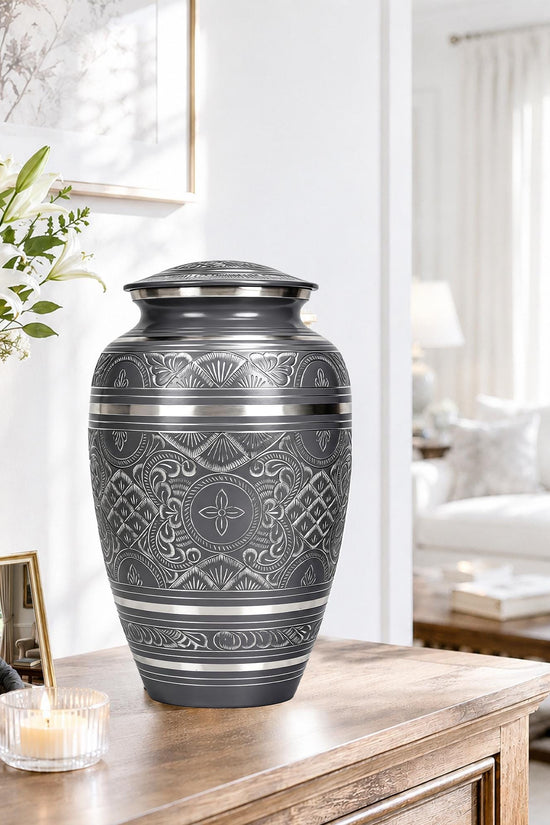 Black and Silver Brass Cremation Urn for Ashes - Ornate Engraved Memorial Urn