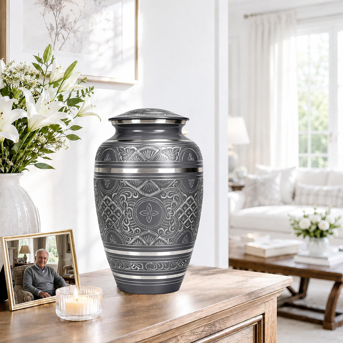 Black and Silver Brass Cremation Urn for Ashes - Ornate Engraved Memorial Urn