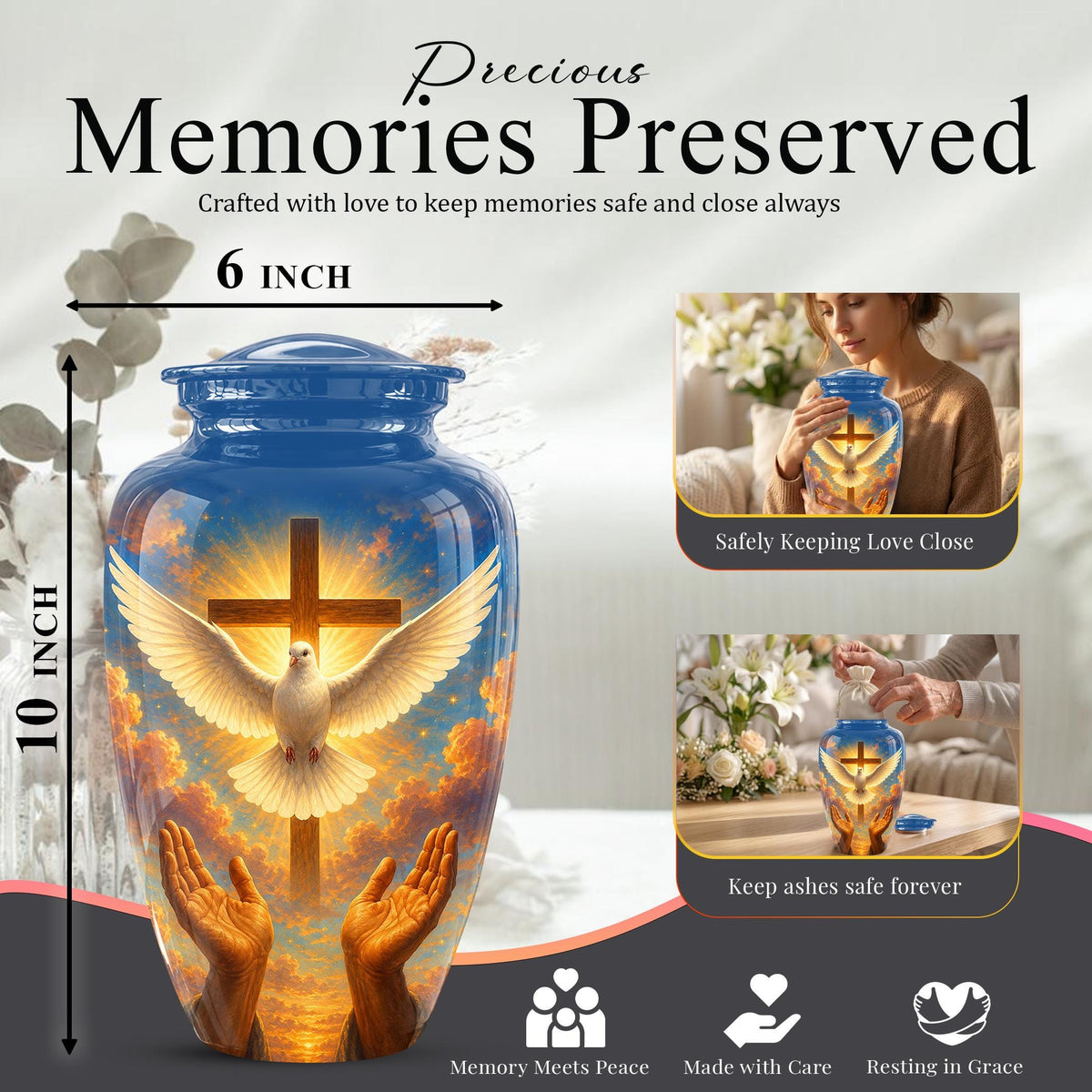 Dove Cross Cremation Urn - Religious Memorial Ashes Keepsake