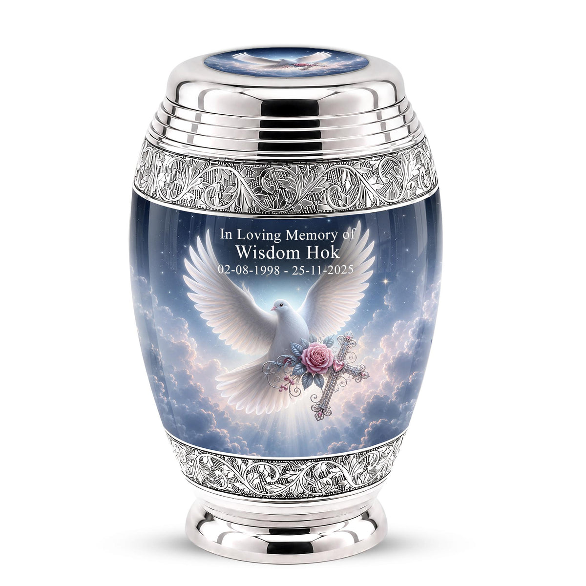 Personalized Christian Cremation Urn - Dove with Wings, Rose, Cross (Silver Tone)