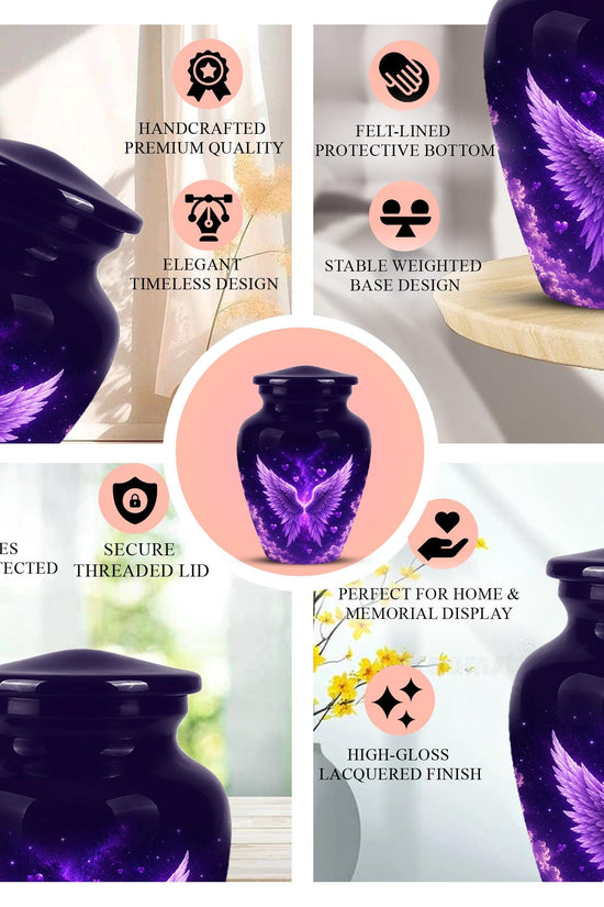Personalized Purple Memorial Urn - Angel Wings Funeral Urn, Custom Tribute