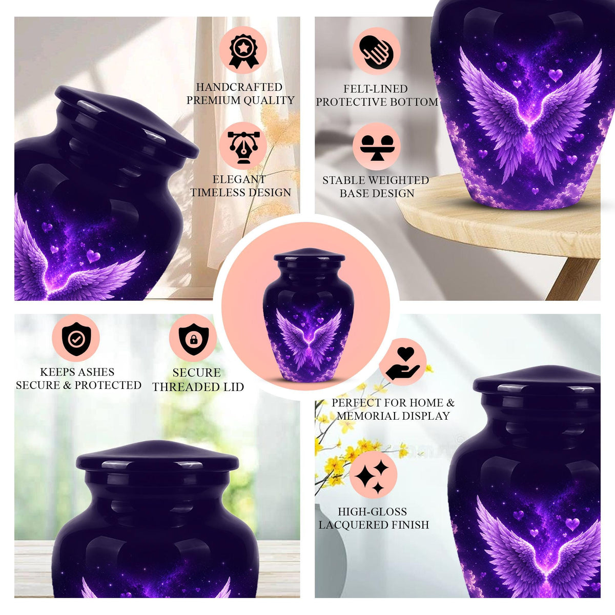 Personalized Purple Memorial Urn - Angel Wings Funeral Urn, Custom Tribute