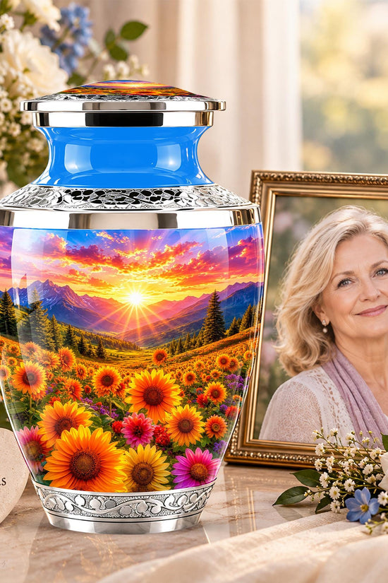 Personalized Cremation Urn, Floral Sunset Mountain Landscape, Memorial Keepsake