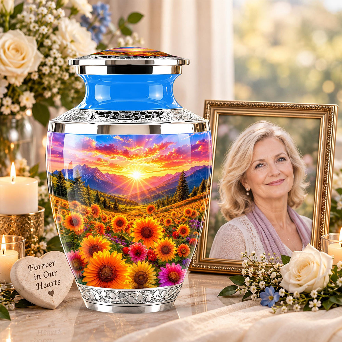 Personalized Cremation Urn, Floral Sunset Mountain Landscape, Memorial Keepsake