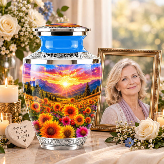 Personalized Cremation Urn, Floral Sunset Mountain Landscape, Memorial Keepsake