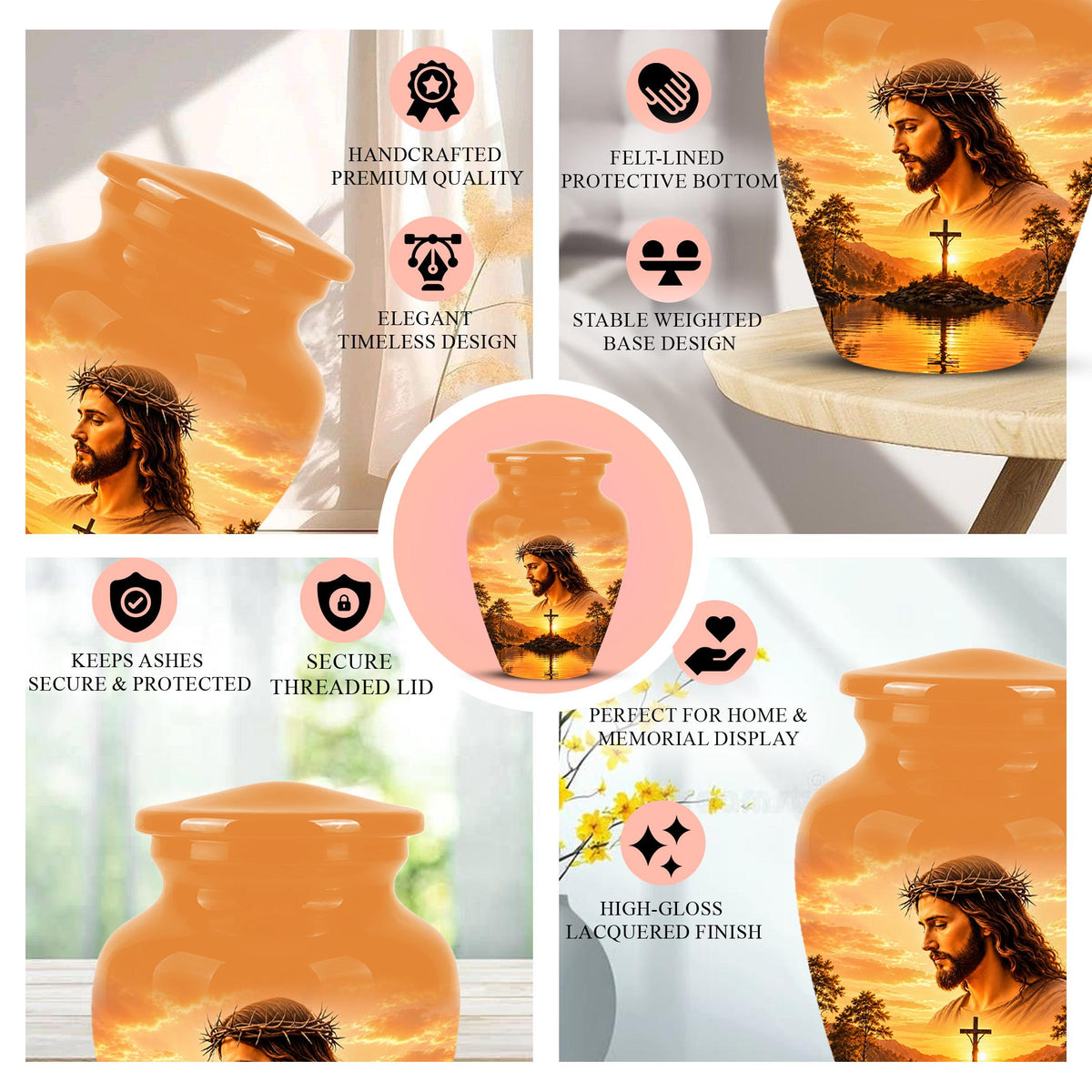 Personalized Jesus Cremation Urn for Ashes, Jesus Christ Sunset Memorial Urn, Christian Cross Tribute Urn, Religious Keepsake Urn Set (200 Cubic)