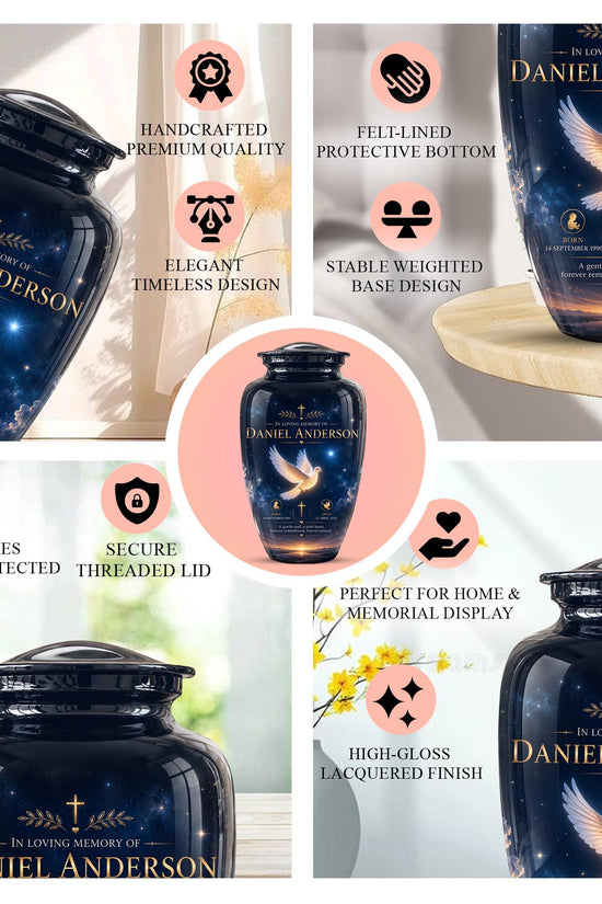 Personalized White Dove Cremation Urn - Christian Memorial Ashes Container (Custom Name & Dates)