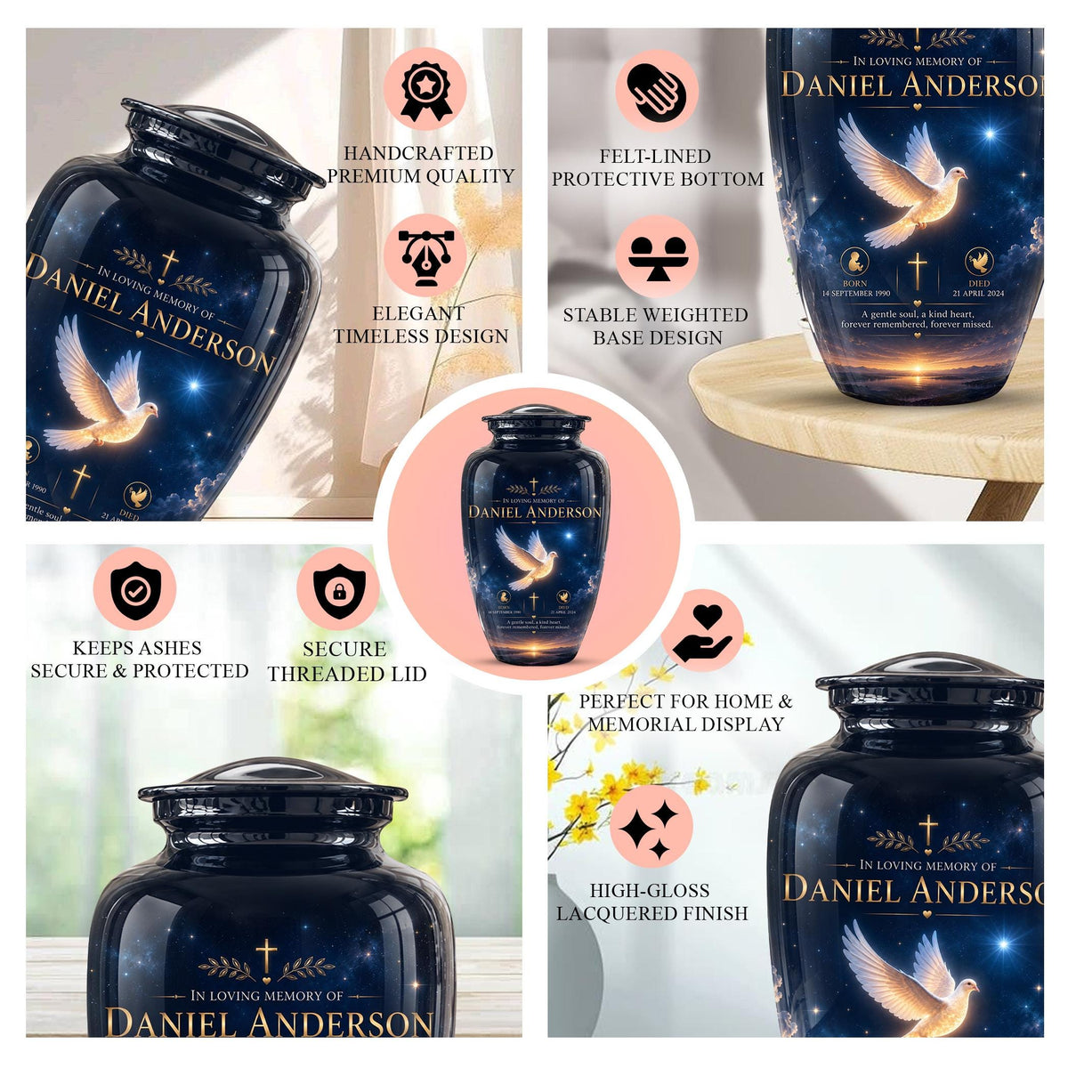Personalized White Dove Cremation Urn - Christian Memorial Ashes Container (Custom Name & Dates)
