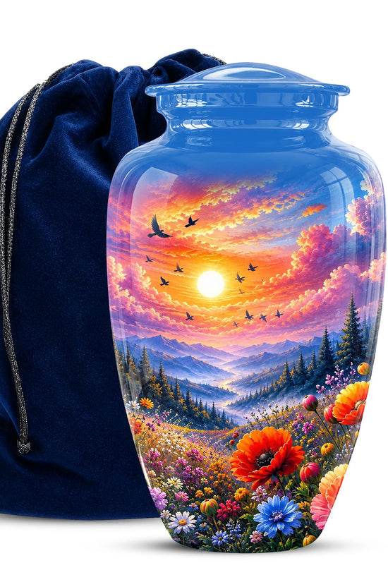 Personalized Wildflower Mountain Sunset Cremation Urn, Nature Memorial Keepsake (200 Cubic)