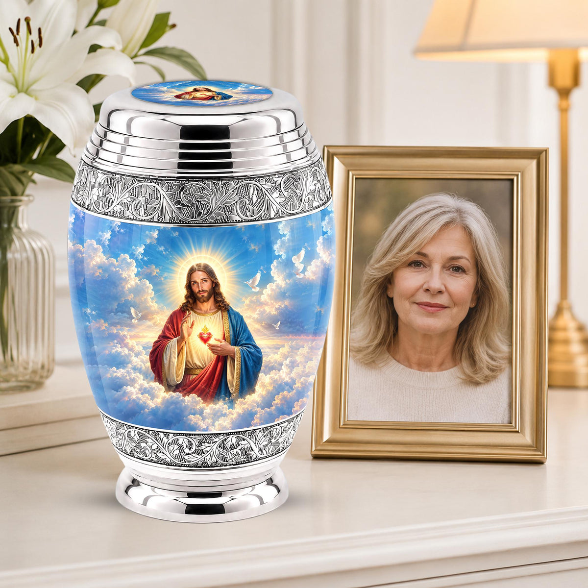Personalized Jesus Cremation Urn - Christian Memorial Ashes, Sacred Heart (200 Cubic)