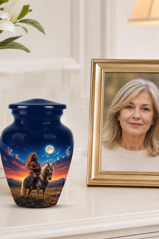 Native American Cremation Urn for Ashes - Western Cowboy Memorial Urn, Horse & Rider Funeral Urn