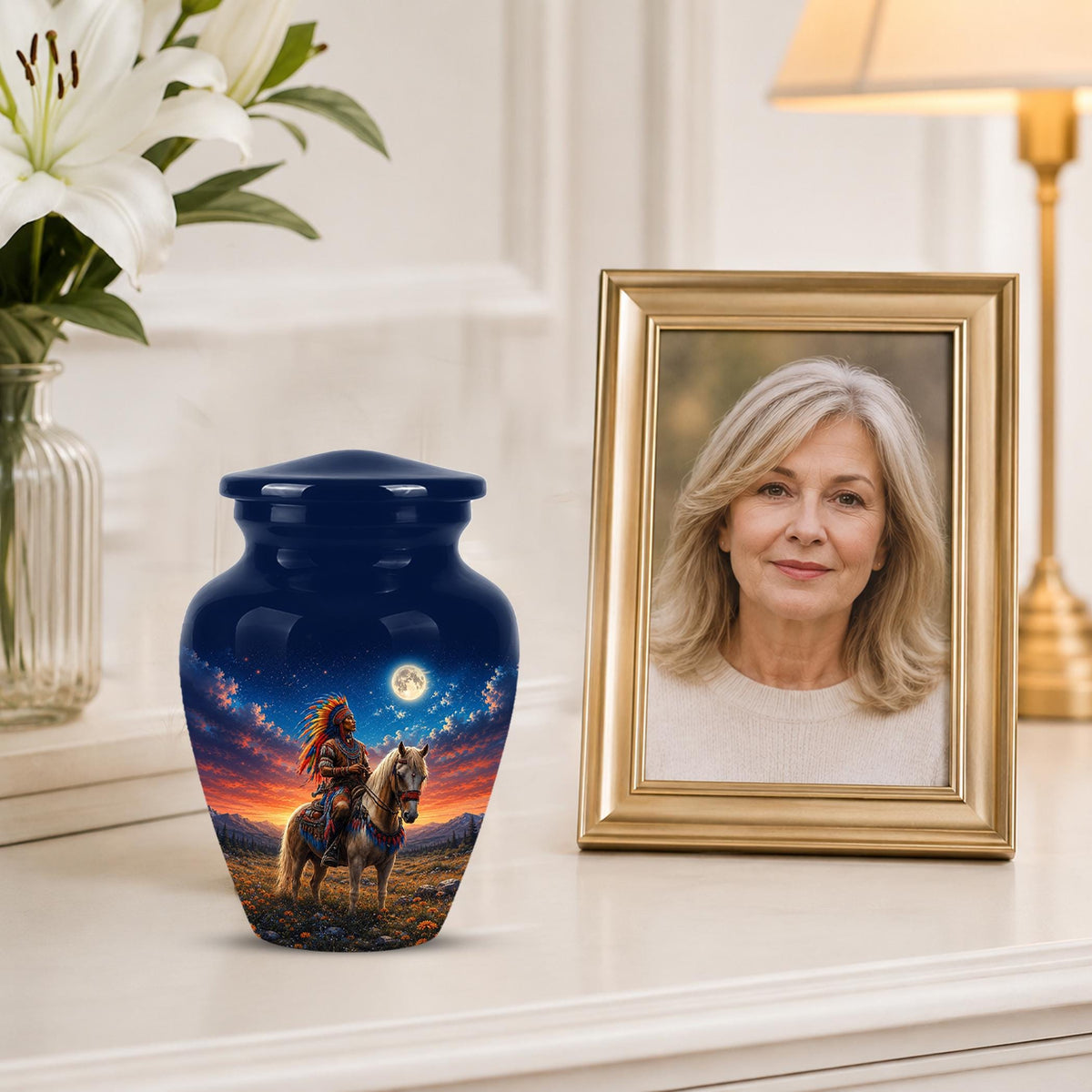 Native American Cremation Urn for Ashes - Western Cowboy Memorial Urn, Horse & Rider Funeral Urn