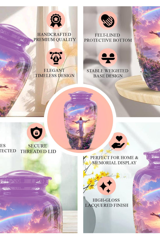 Personalized Jesus Cremation Urn for Ashes Jesus Christ - Rainbow Memorial Urn, Christian Sunset Tribute Urn