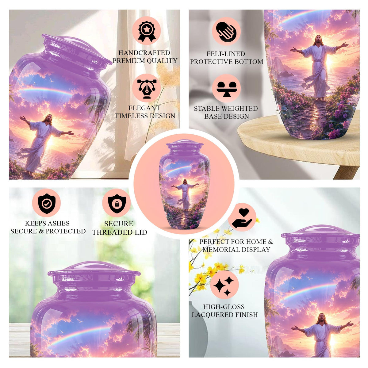 Personalized Jesus Cremation Urn for Ashes Jesus Christ - Rainbow Memorial Urn, Christian Sunset Tribute Urn