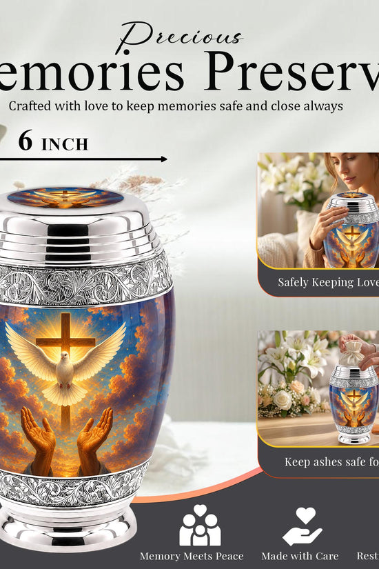 Personalized Christian Cremation Urn, Dove & Cross Memorial Ashes (Silver Tone)