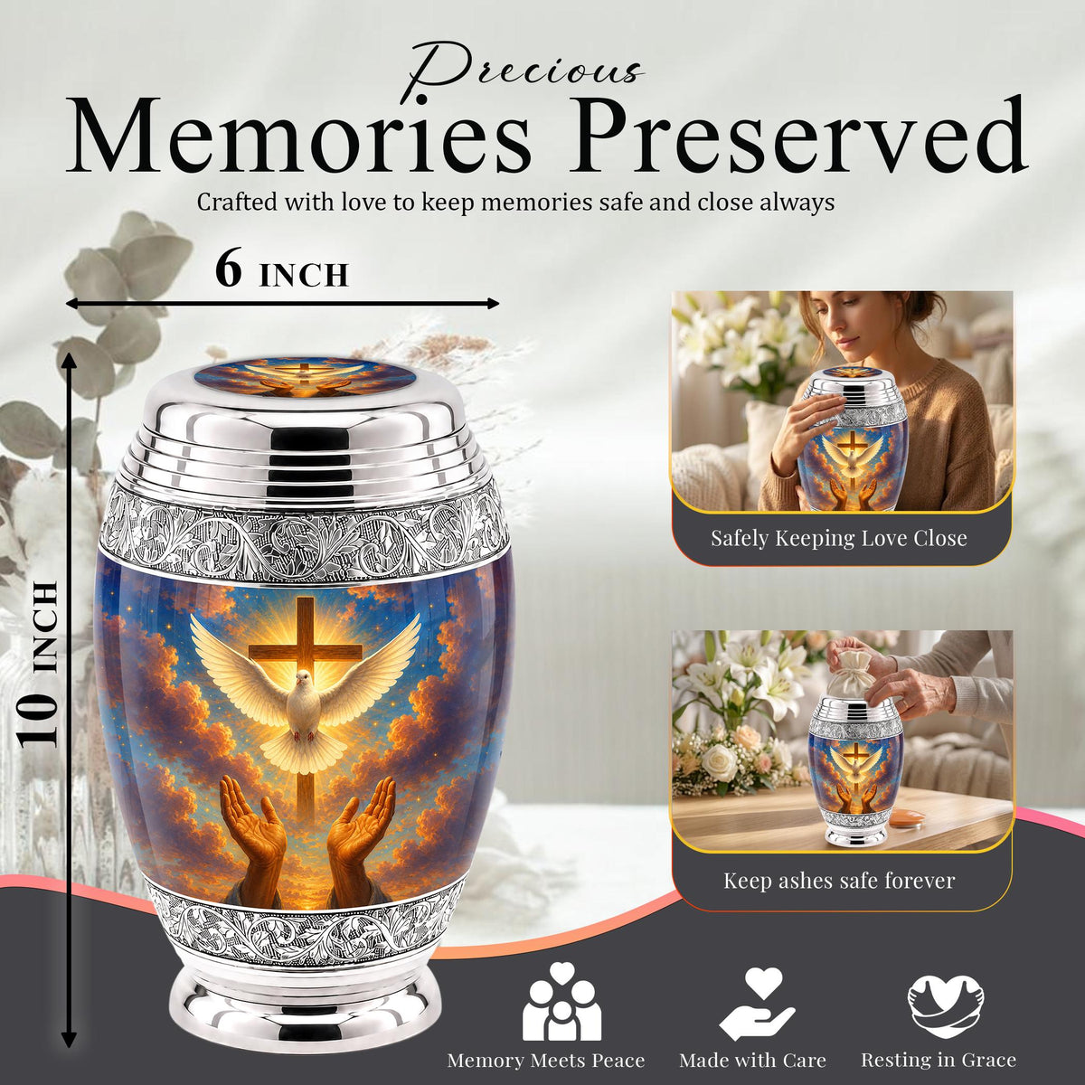 Personalized Christian Cremation Urn, Dove & Cross Memorial Ashes (Silver Tone)