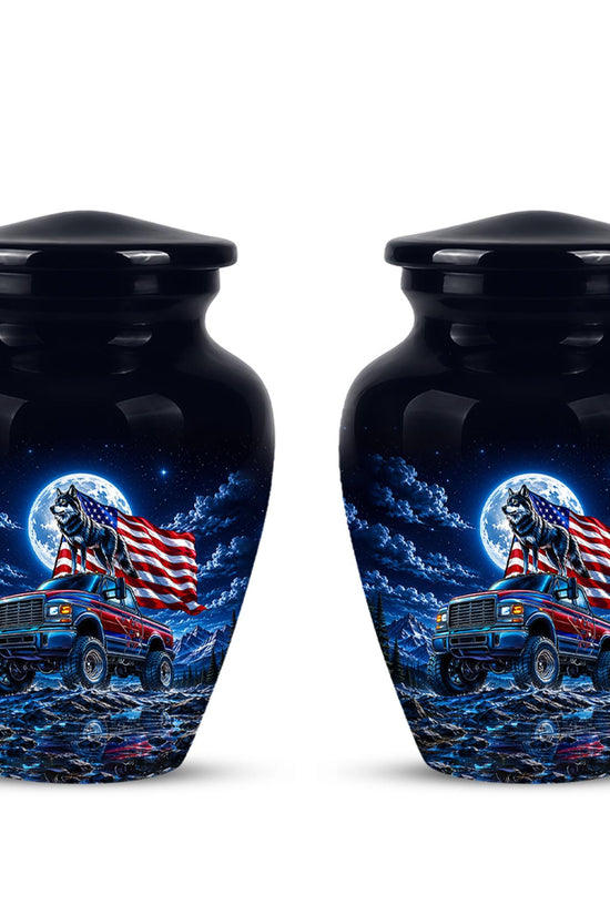 Personalized  Wolf Truck Cremation Urn, Patriotic American Flag Memorial Tribute