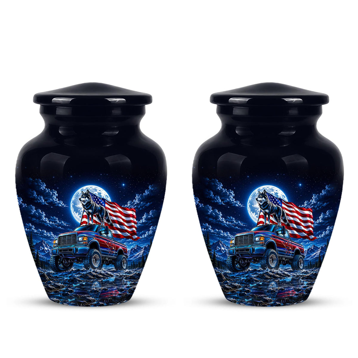 Personalized  Wolf Truck Cremation Urn, Patriotic American Flag Memorial Tribute