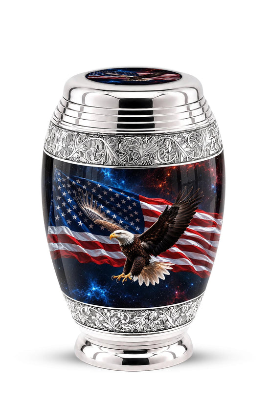 American Flag Eagle Cremation Urn for Ashes - Silver Patriotic Bald Eagle Memorial Urn